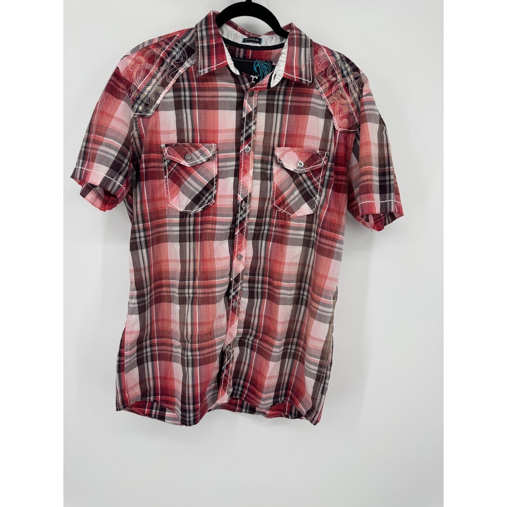 Roar Signature Mens XL Valence JR Red Plaid Embroidered Cross Button Down Shirt